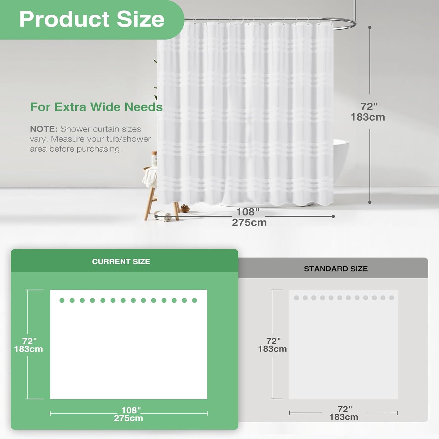 Dynamene Extra Wide Shower Curtain - 108x72 Inches Width Tufted Chenille Striped Fabric Curtains for Bathroom Showers and Bathtubs, Shabby Chic Waterproof Cloth Shower Curtain Set with 18 Hooks, White