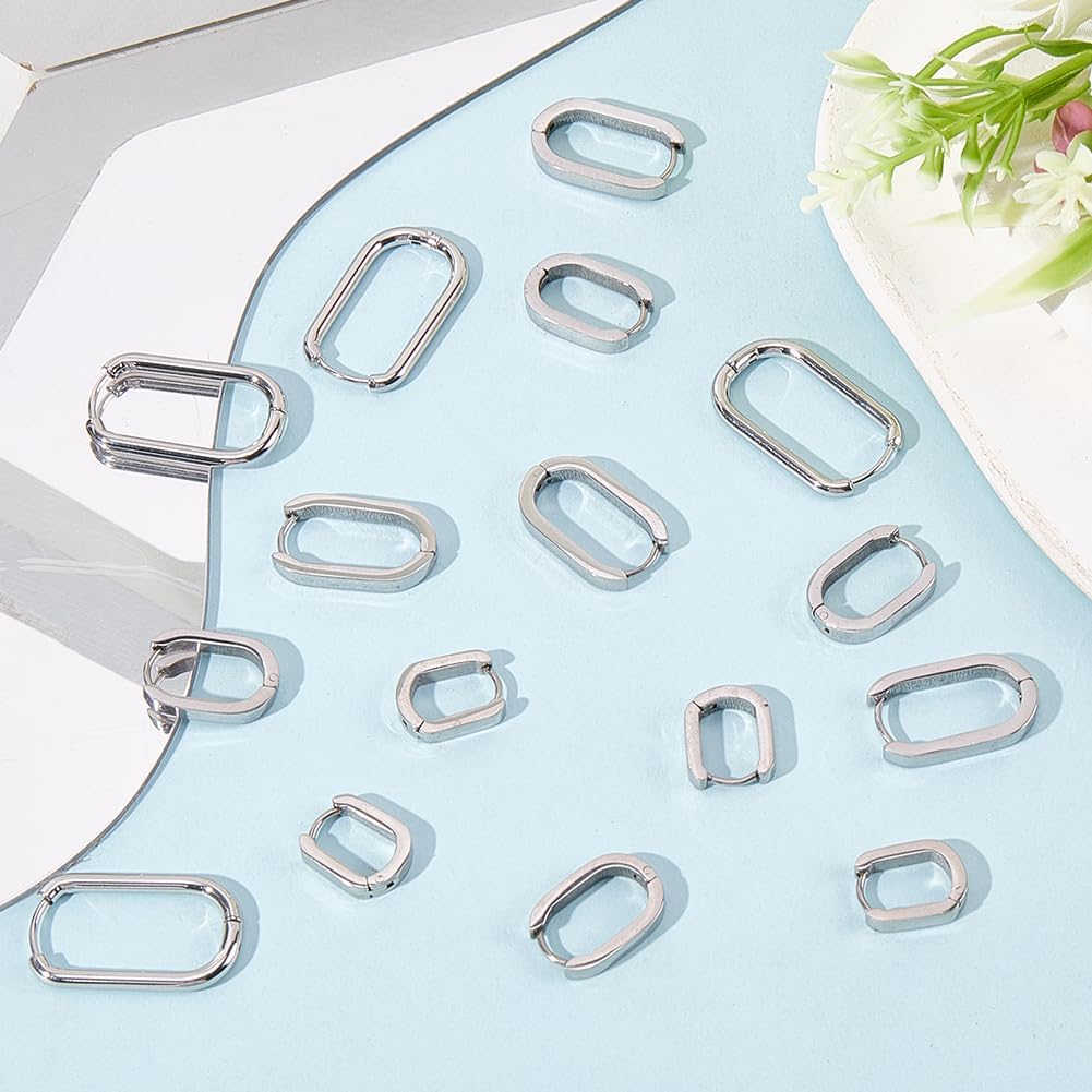 SUNNYCLUE 1 Box 8 Pairs 4 Styles Silver Earrings Huggie Hoops Stainless Steel Huggie Earrings Bulk Metal Oval Rectangle Ear Rings Hoop Findings for Jewelry Making DIY Crafts Trendy Gifts Adults - Image 3