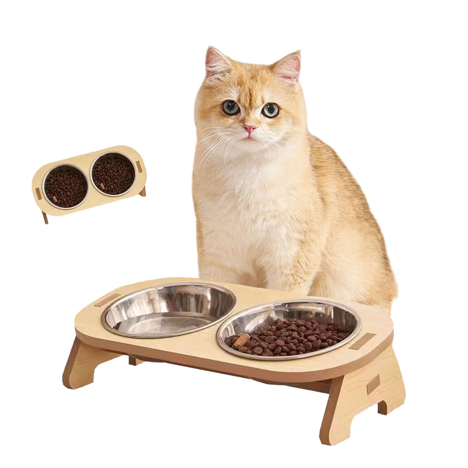 Comedero Elevado para Gatos con Soporte de Bambú - 2 Cuencos de Acero Inoxidable Antideslizante, Plato para Comida y Agua, Diseño Ergonómico para Evitar Fatiga de Bigotes