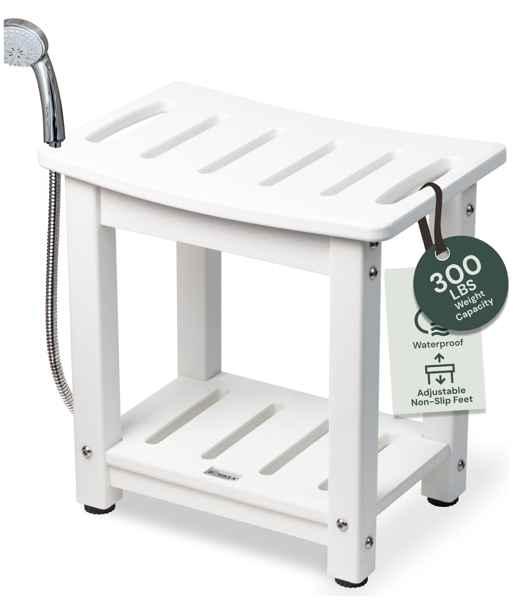 ROHKEX Curved Shower Bench - White L-Shaped Curved Seat - Durable Waterproof Material - Shower Bench with Adjustable Non-Slip Leveling Legs - Bath Stool & Bathtub Accessory