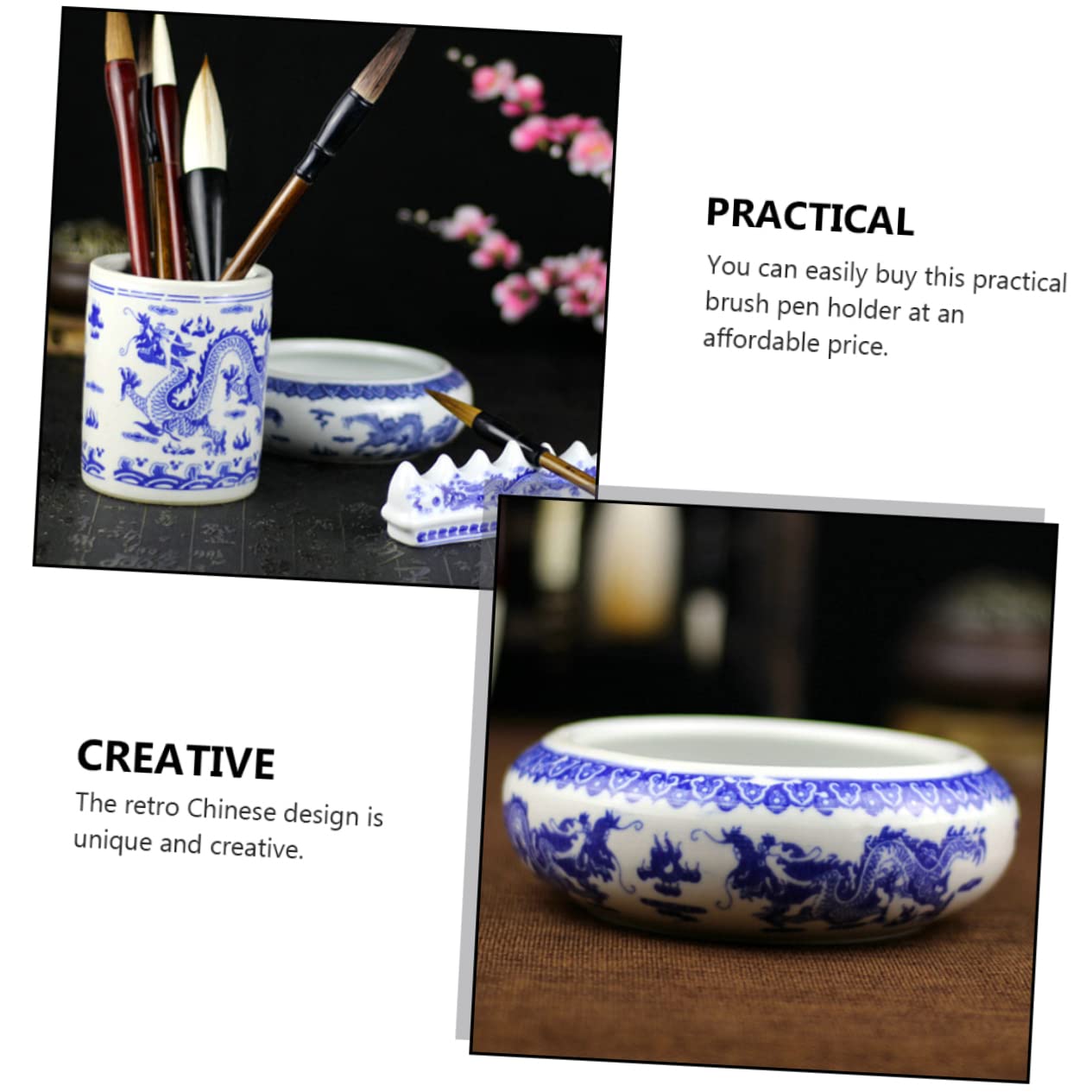 Sewroro Pot De Lavage De Stylos En Céramique Bleu Et Blanc Petit Format, Support Et Cylindre à Pinceaux D’encre Pour Calligraphie, Rangement Fonctionnel Décoratif Pour Bureau Et Maison