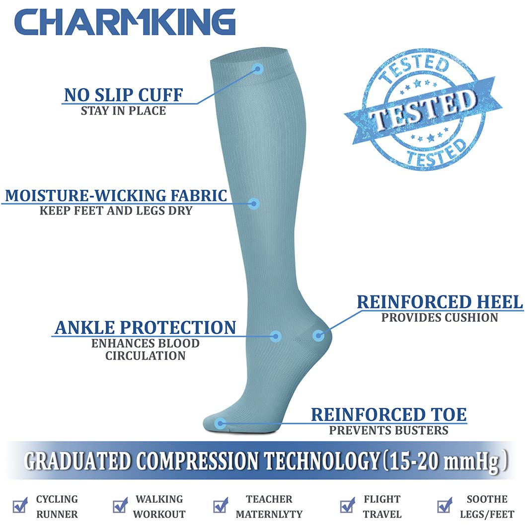 CHARMKING Calze Compressionanti Uomo Donna Circolazione 15-20mmHg Il miglior supporto per Corsa Atletica Ciclismo 8 paia di Calze, 28 nero/rosa/blu, Small/Medium