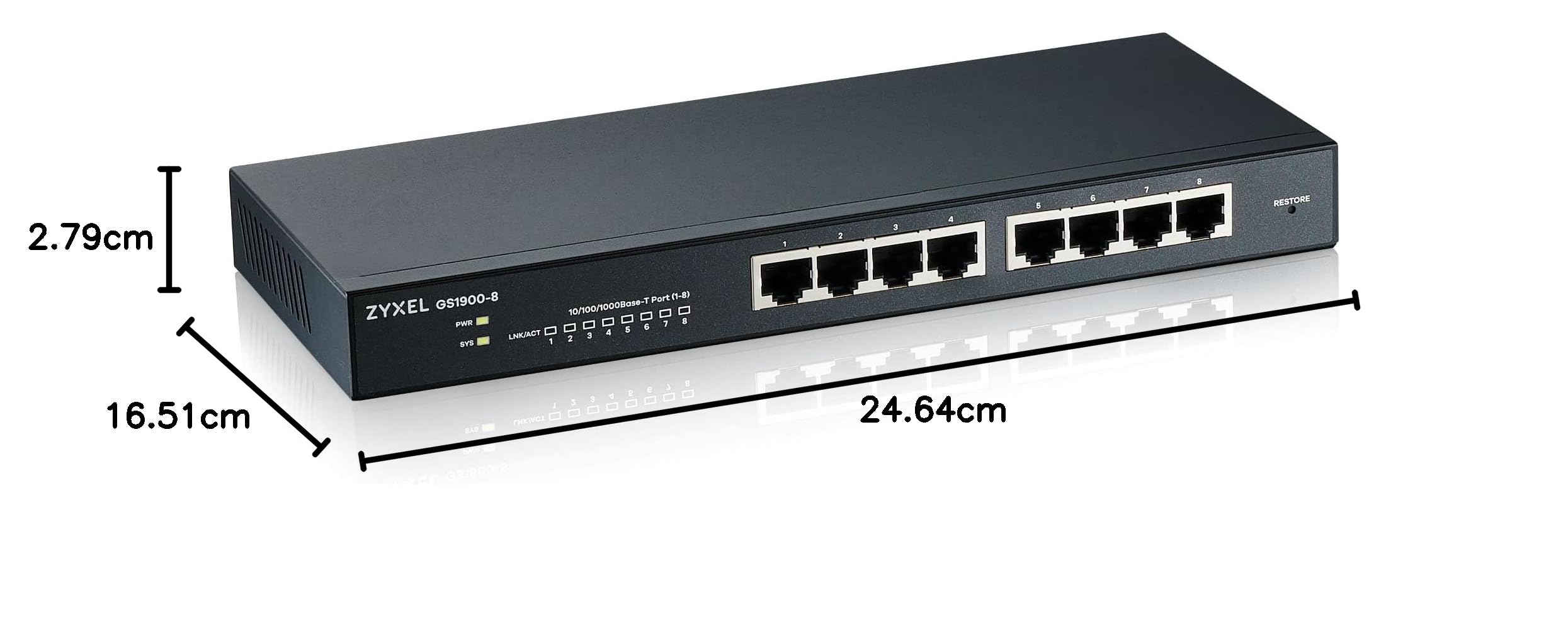 Zyxel 8-portowy przełącznik Gigabit | Smart Managed | montaż na biurku/stelażu i konstrukcja bez wentylatora | VLAN, IGMP, QoS [GS1900-8] | 8x GbE RJ-45 Porty, Bezwentylatorowy, VLAN, QoS, IGMP Snooping, Link Aggregation, Zestaw do Montażu Naściennego w K