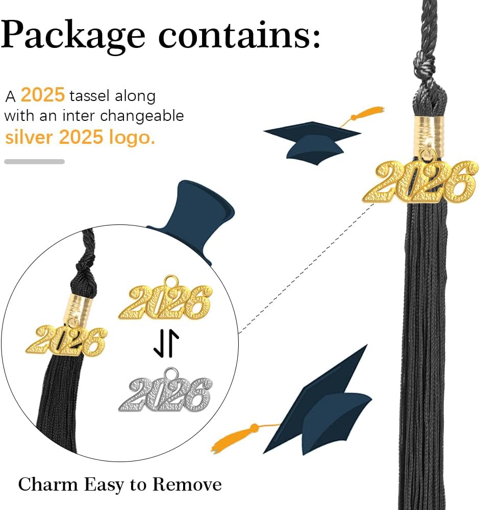 Black 2026 Tassel Black Graduation Tassel with 2 pcs Ajustable 2026 Charm Gold and Silver for Graduation Cap 2026 Charms for Cap 2026 Charm