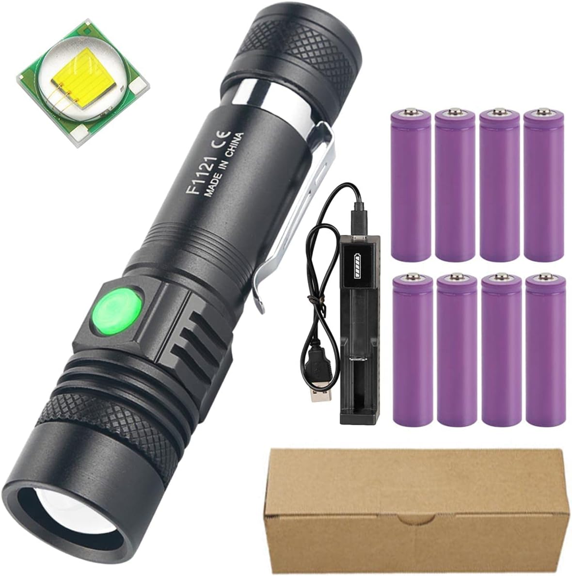 X.Store Torches LED Super Bright, Rechargeable Torch with 8 Pack 1865O Battery, USB Adjustable Focus IPX5 Waterproof Flashlight,1200lm Pocket-Size Small Torch for Camping Hiking Travel Emergency Use