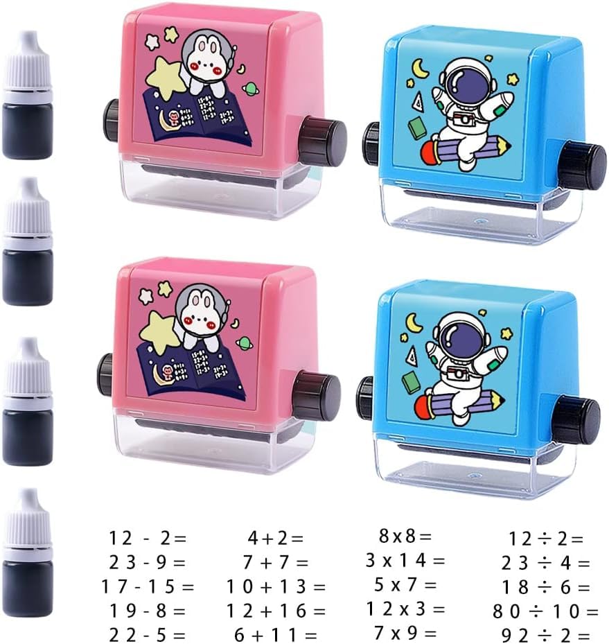 Roller Digital Teaching Stamp, Reusable Calculation Math Educational Toy Stamp, Teaching Math Practice Questions Within 100 for Addition Subtraction Multiplication Division (4pcs)