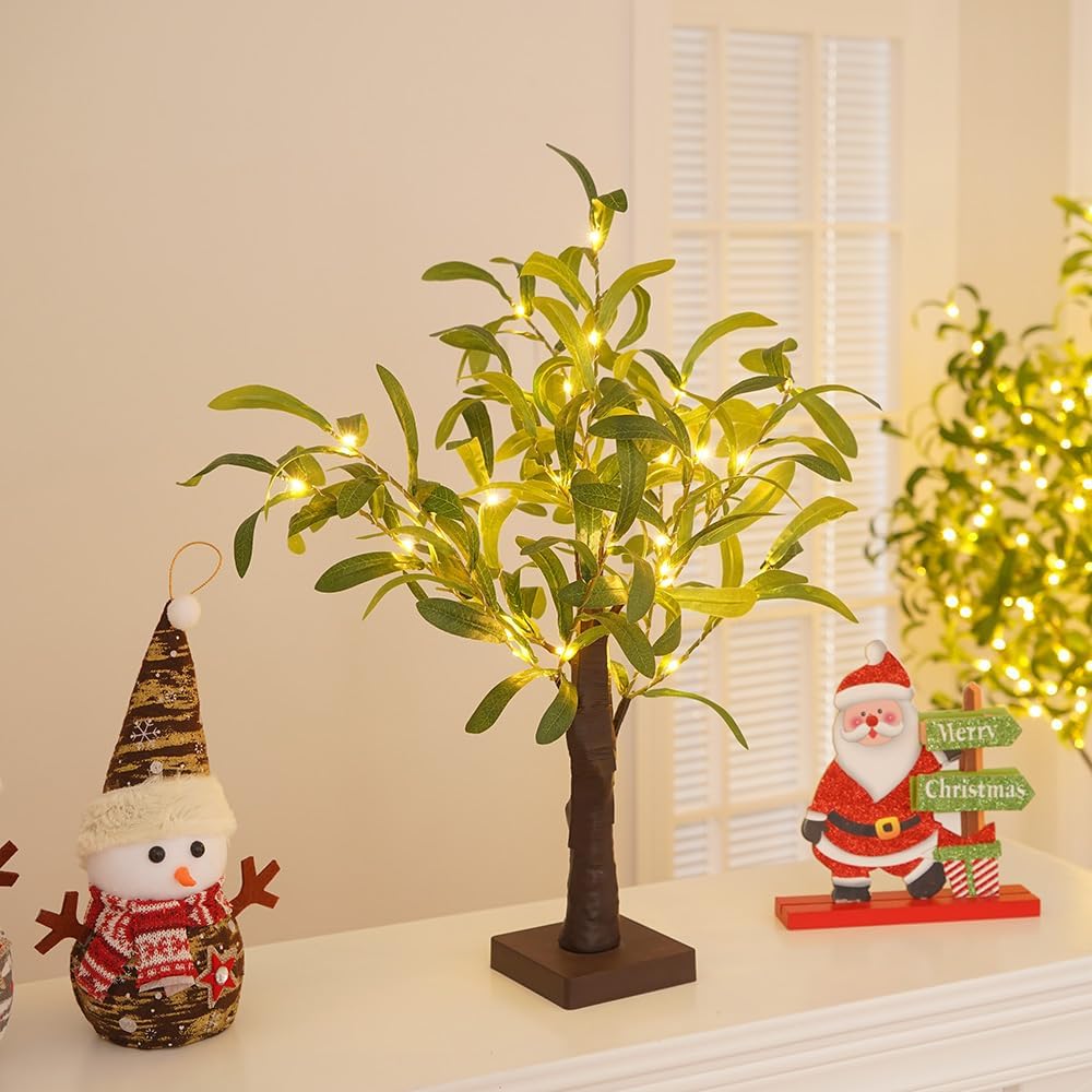 White Birch Christmas Tree with LED Lights, 2ft Battery/USB Operated Small Tree with Timer, Holiday Tabletop Decor for Home Office Desk (B)