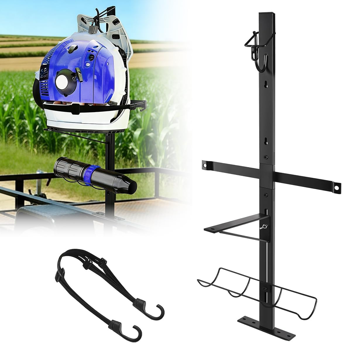 Heavy-Duty Backpack Blower Rack for Trailers, Steel Storage Tube Bracket and Straps- Height Adjustable Base Holder Compatible with Open/Enclosed Landscape Trucks, Fits 16-25 Inch Blowers