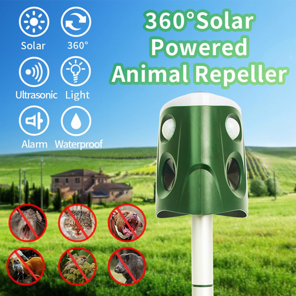 Repellente per animali ad ultrasuoni ad energia solare, repellente per gatti a 360 gradi, per esterni, con sensore di movimento, per cervi, cani, scoiattoli, puzzole, gatti, procioni di visone e altri