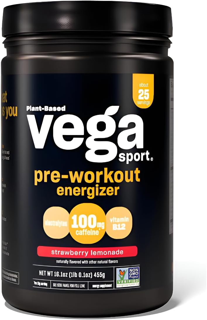 Vega Sport Pre-Workout Energizer, Strawberry Lemonade - Pre Workout Powder for Women & Men, Supports Energy and Focus, Electrolytes, Vegan, Keto, Gluten Free, Non GMO, 1.1 lbs