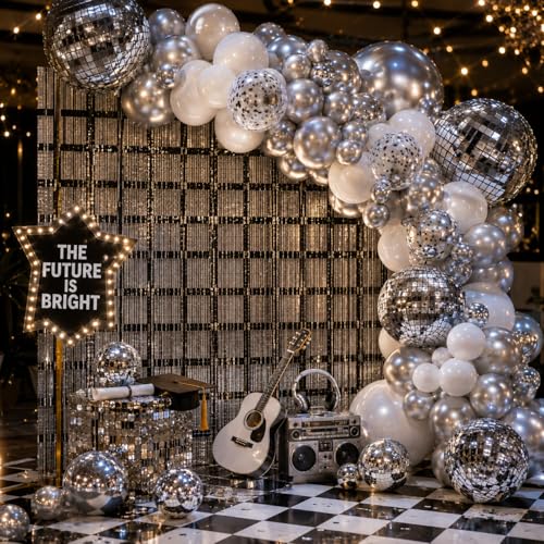 Disco Balloon Arch Kit 87 Pcs White and Silver Balloons Garland