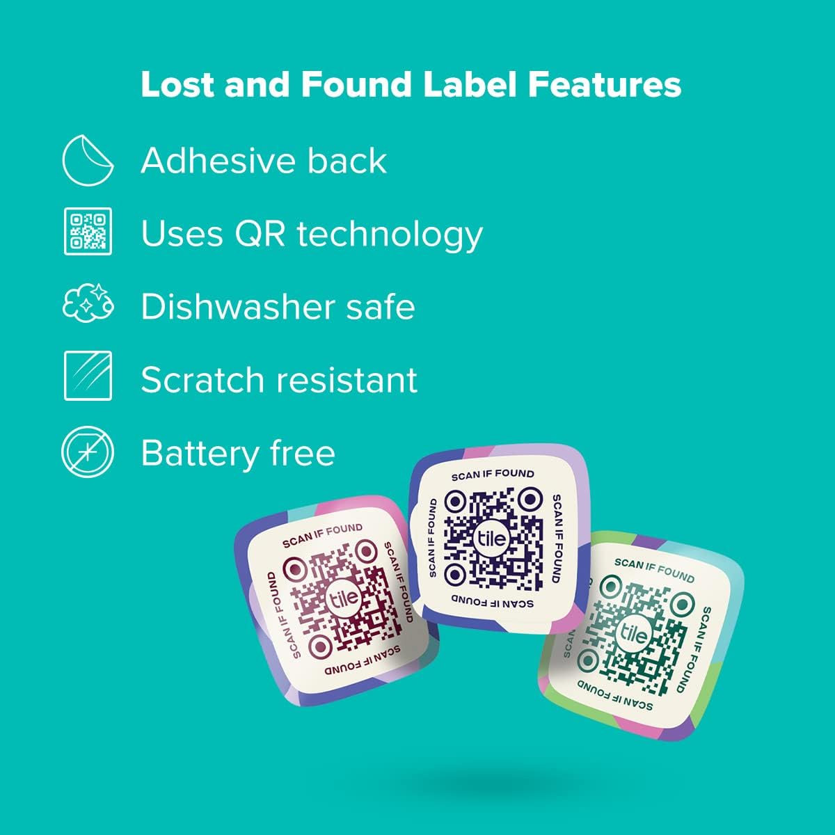 Tile Lost and Found Labels | QR Scannable Labels for Laptops, Water Bottles, Pet Collars, Kids Toys, Headphones and More | Android and iOS Devices | Scratch Proof | Adhesive | 25 Labels