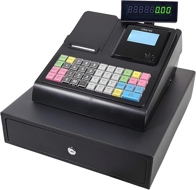 CRG100 Cash Register Till. Ideal for Retail or Hospitality. Simple to Setup and Operate. Extensive Features Such as Cashiers, permissions, tabs/Tables, VAT, Receipt Header. (Black, Standard Drawer)