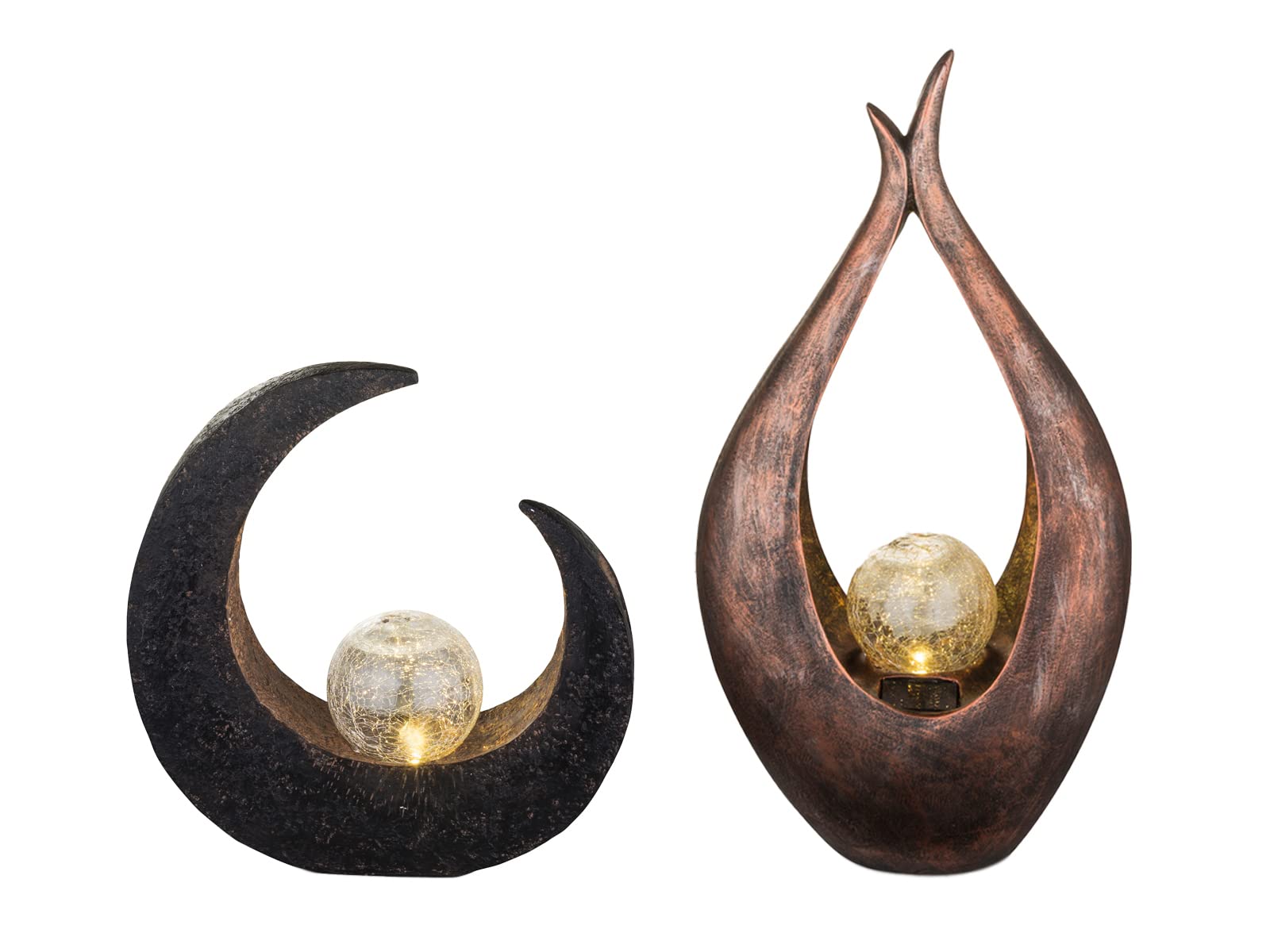 Set di 2 luci solari a LED con sfera in vetro crackle, colore bronzo, altezza 50 cm, effetto pietra, altezza 30,5 cm