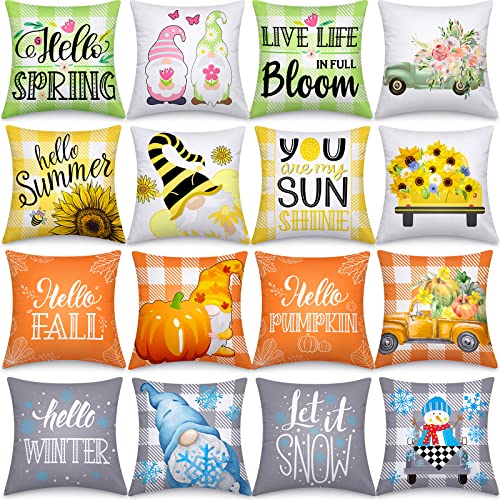 Tatuo 16 Set Holiday Pillow Covers 20 x 20 Inch Spring Easter Seasonal Throw Pillow Covers Flower Gnome Decorative Cushion Pillowcases for Farmhouse Home Couch Sofa Decor