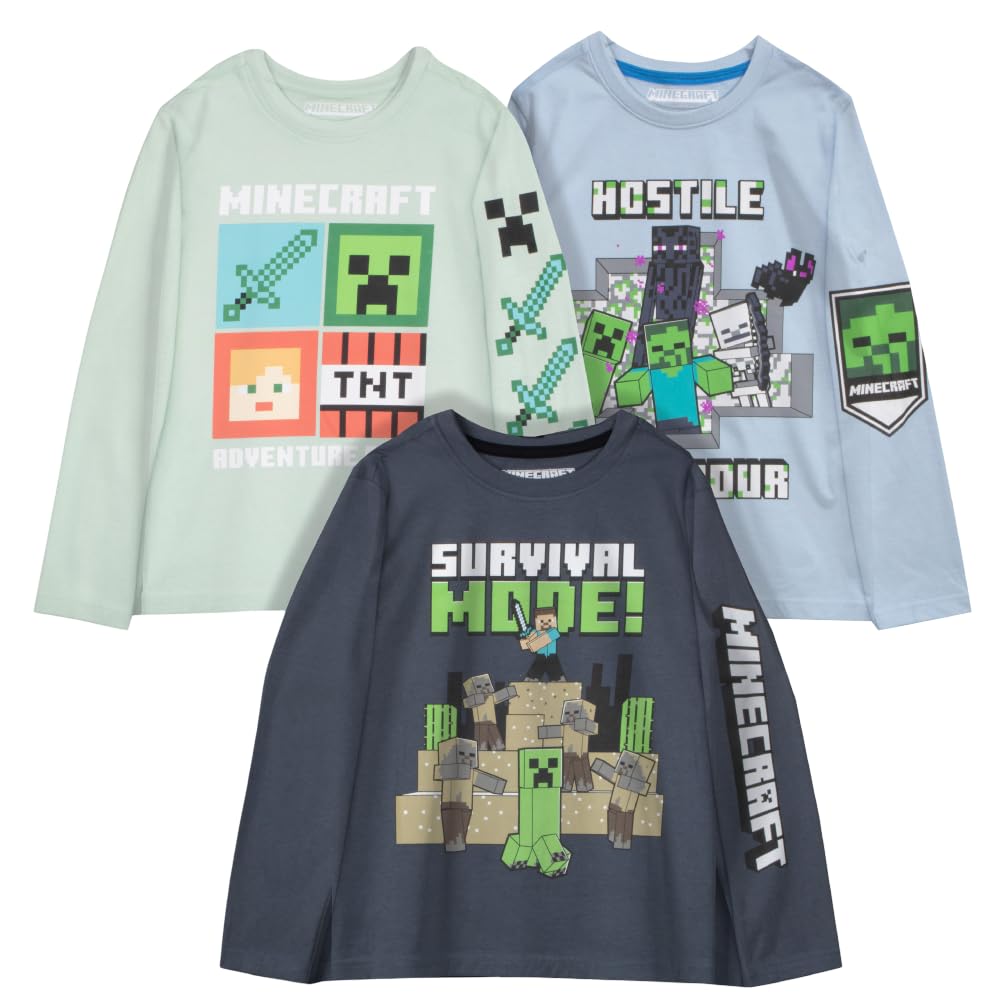 Minecraft Confezione da 3 magliette da ragazzo, a maniche lunghe, stampa grafica, in morbido cotone, magliette da gioco per bambini