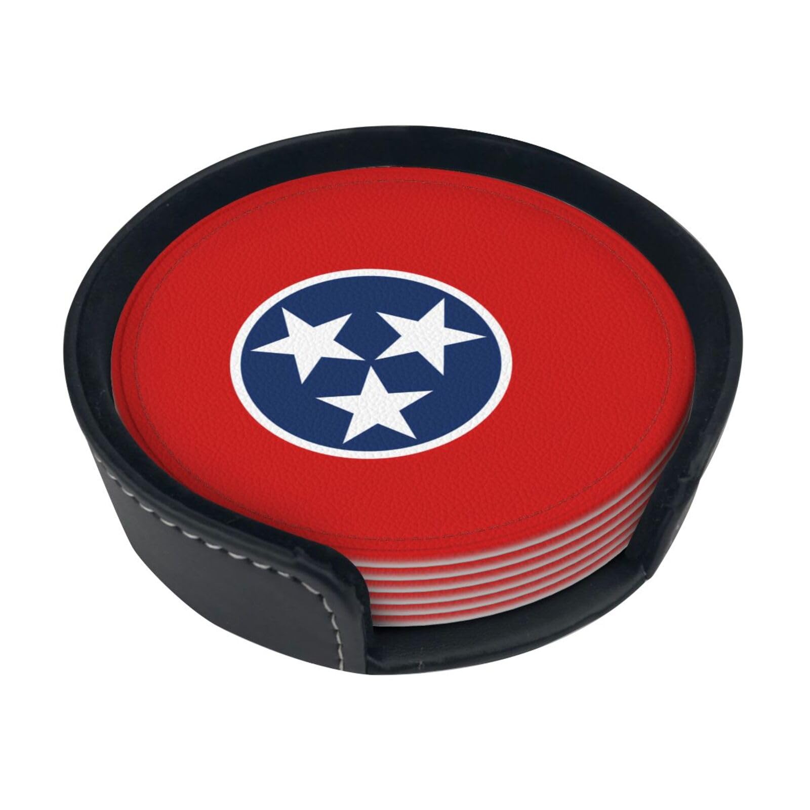 Cntdbu White Tennessee State Flag Leather Coasters Set Of 6-Pu Leather Drink Mats For Table, Heat Resistant Round Coasters With Holder
