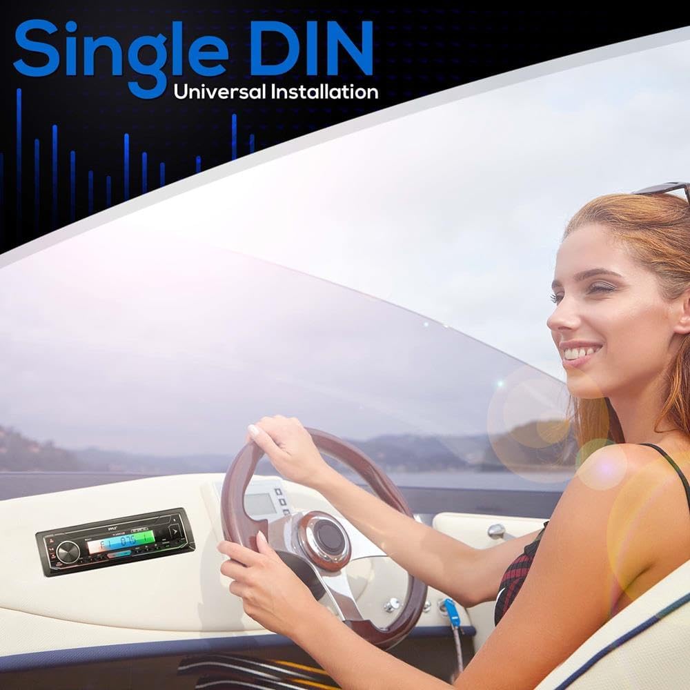 Pyle PLMRB38B.5 marine receiver installed in a boat dashboard