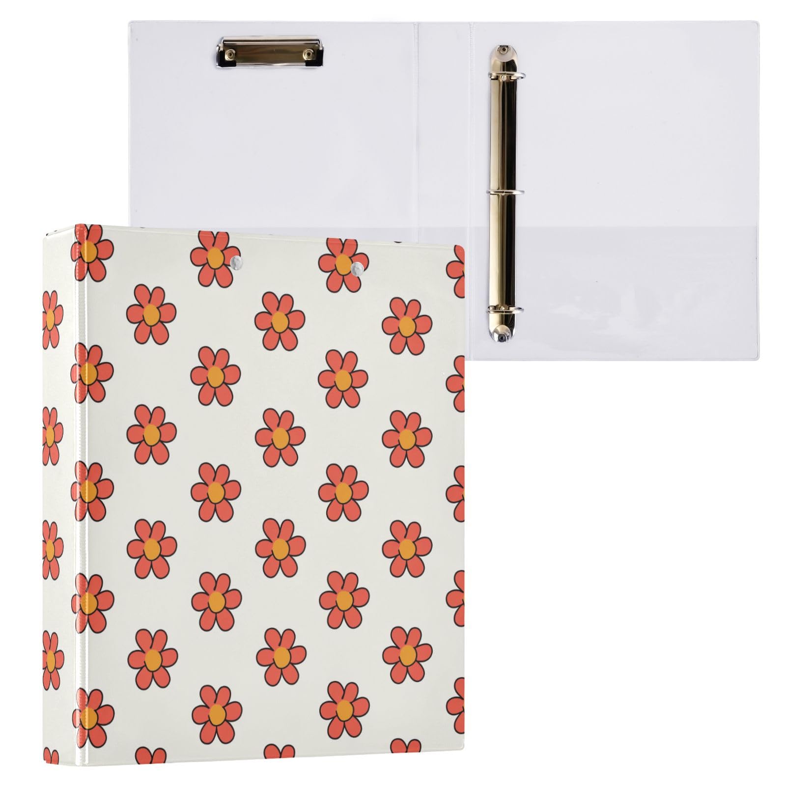 Raccoglitore a 3 anelli con piccolo fiore rosso, rotondo da 3,8 cm, contiene 200 fogli con 3 tasche interne in PVC trasparente, per scuola e ufficio