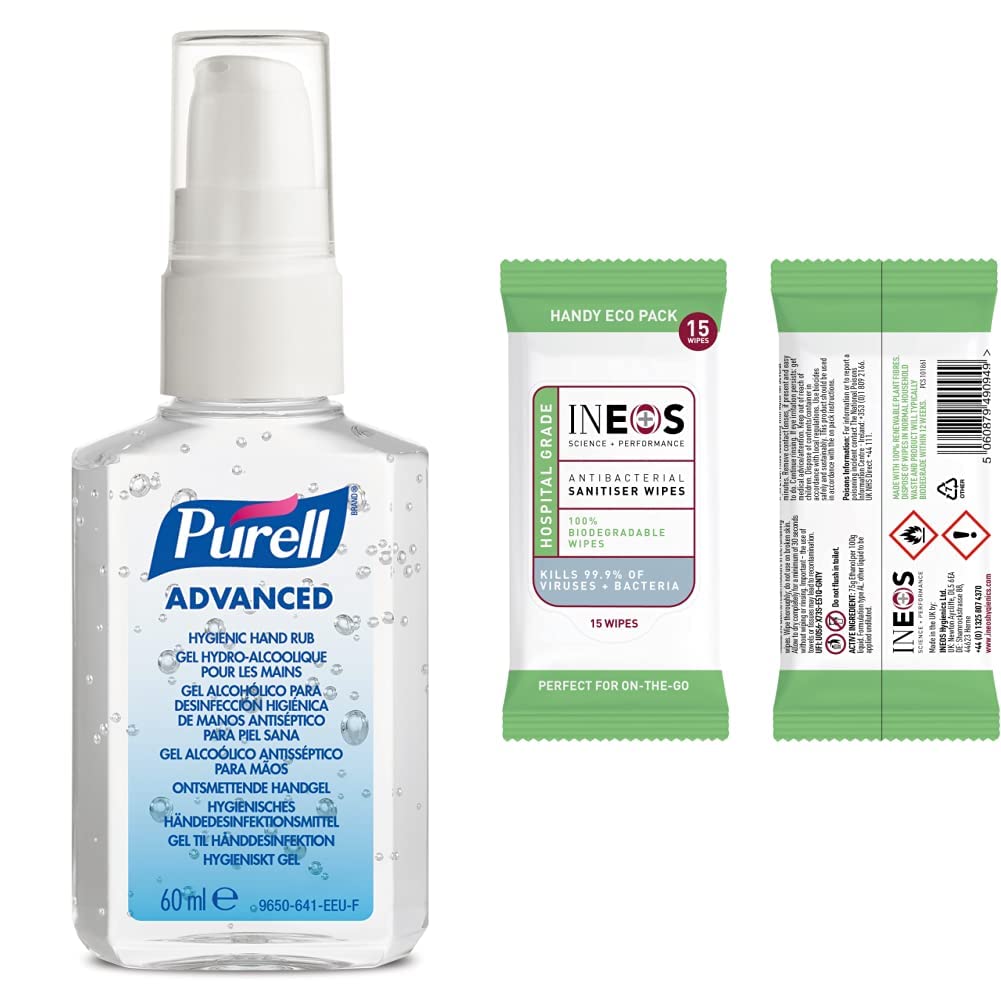 PurellADVANCED HAND SANITISER GEL 60mL, Portable Pump Bottle. Hand Sanitizer Gel & INEOS Antibacterial Biodegradable Sanitiser Wipes for Hands (15 Wipes)