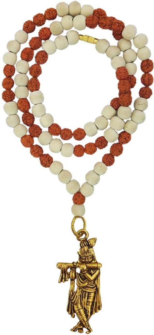 RICH AND FAMOUS Shri Krishna Pendant White Tulsi Beads, Rudraksha Mala for Men