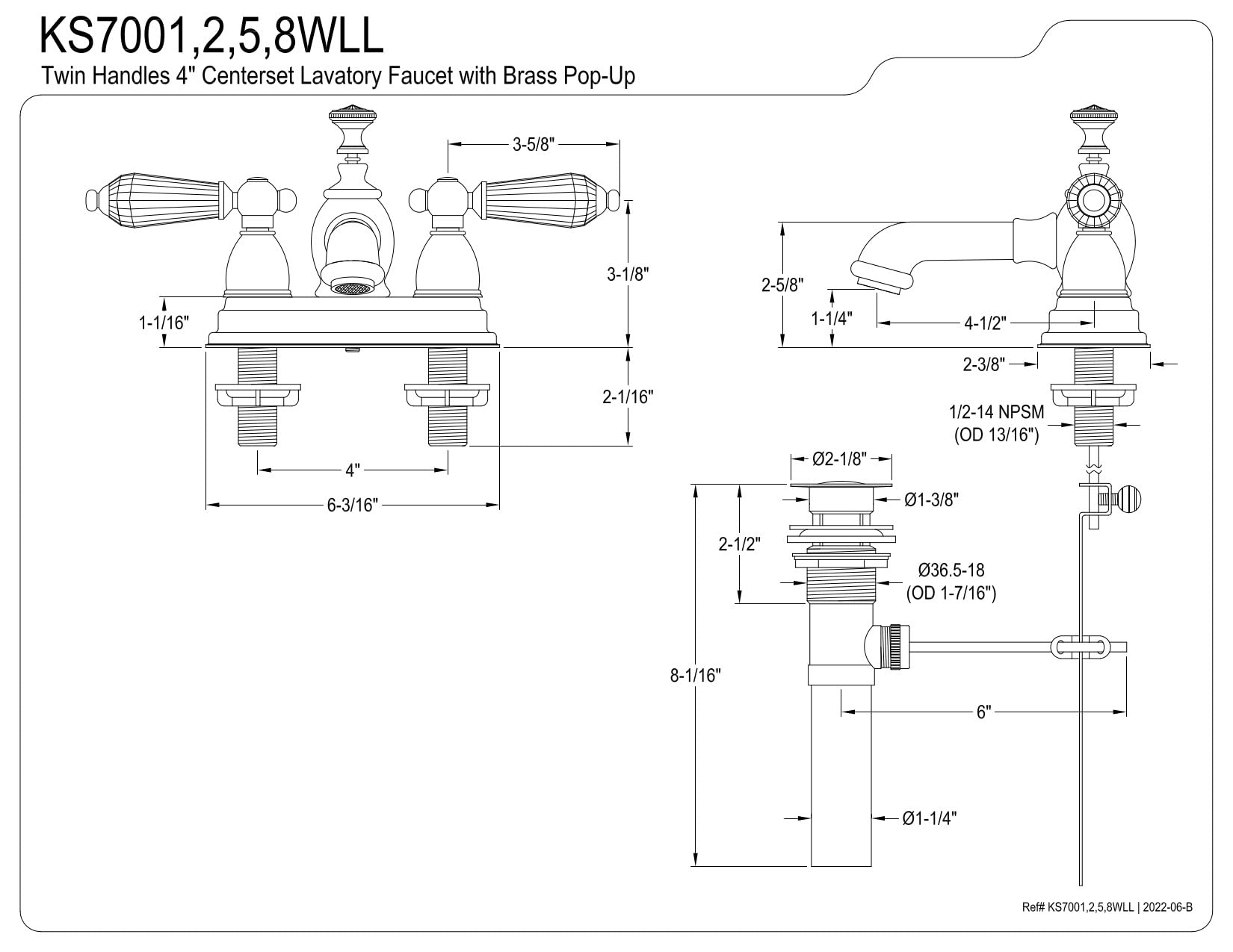 Kingston Brass KS7002WLL Llave de Grifo de baño de 10,16 cm con válvula Clic-clac, latón Pulido, 4-1/2" in Spout Reach