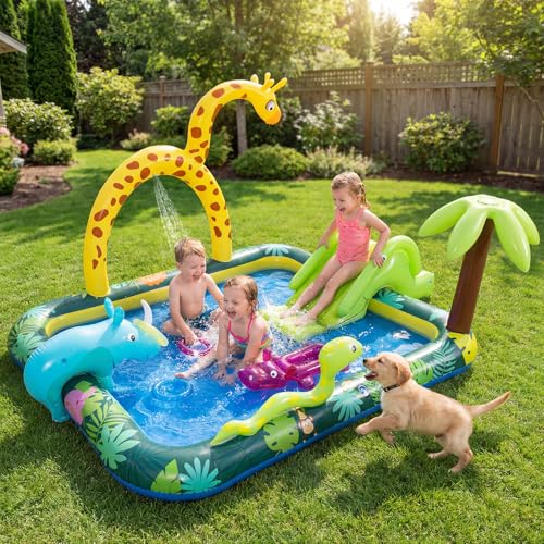 Miniatura 2 de Costway Piscina Hinchable Infantil, Parque Infantil Acuático Con Tobogán, Rociador En Forma De Jirafa Y Lanzamiento De Aros, Juegos De Agua Con Tema De Animales De Selva Para Niños, 208x178x138 Cm