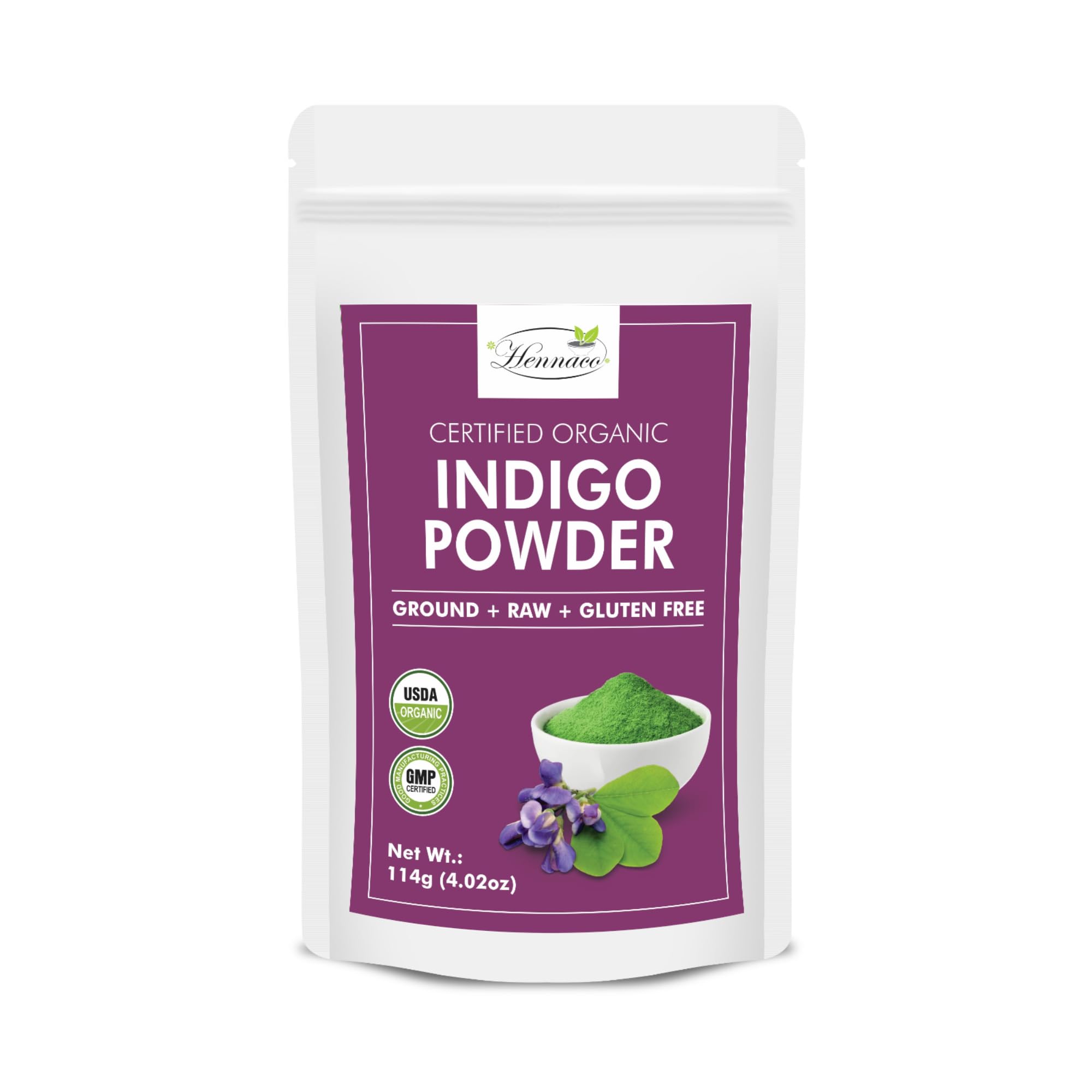 hennaco Organic Indigo Powder| Indigo Hair Dye Powder | Ideal for Black & Dark Hair | USDA Organic| Indigo Powder for Hair | Organic Hair Coloring Powder | 114 Grams (4 OZ)