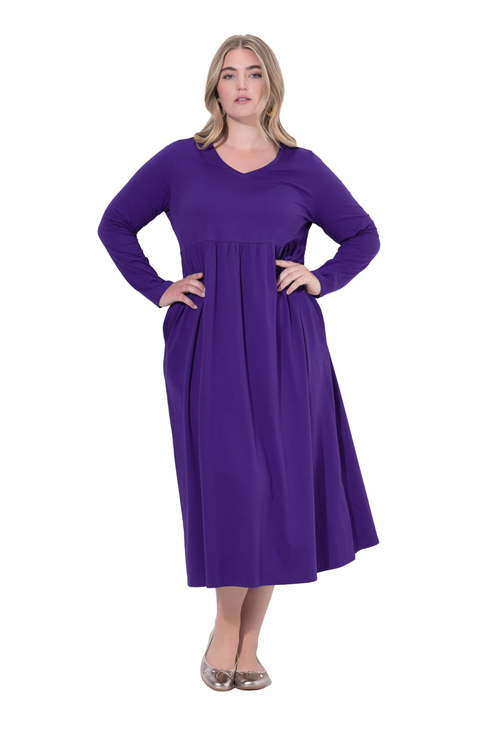 Ulla Popken Damen große Größen Übergrößen Plus Size Maxikleid, A-Linie, V-Ausschnitt, Langarm 844558