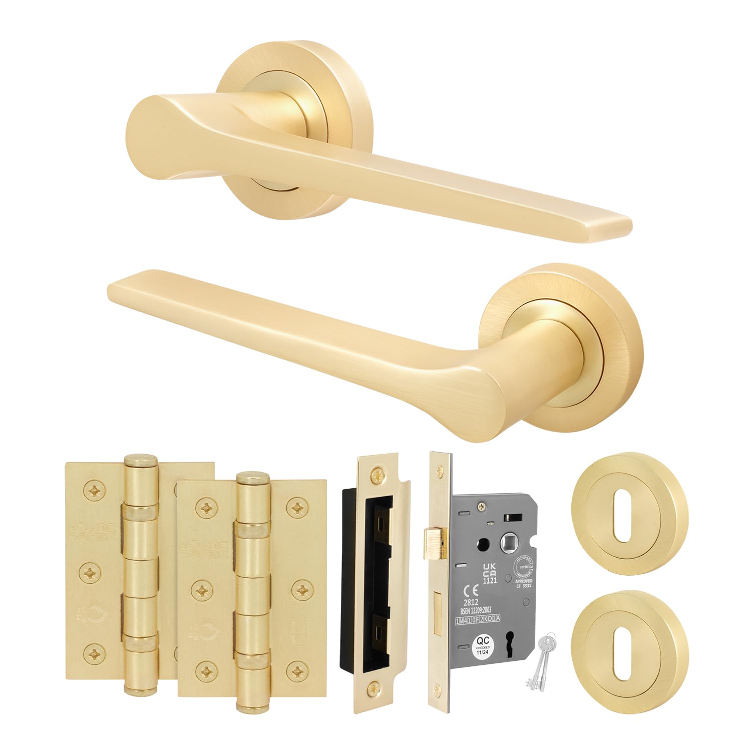 EAI Brass Door Handle Key Lock Set, Satin Brass Internal Door Handle with 64mm Lock and 76mm Hinges, Tarna Range 1 Pack