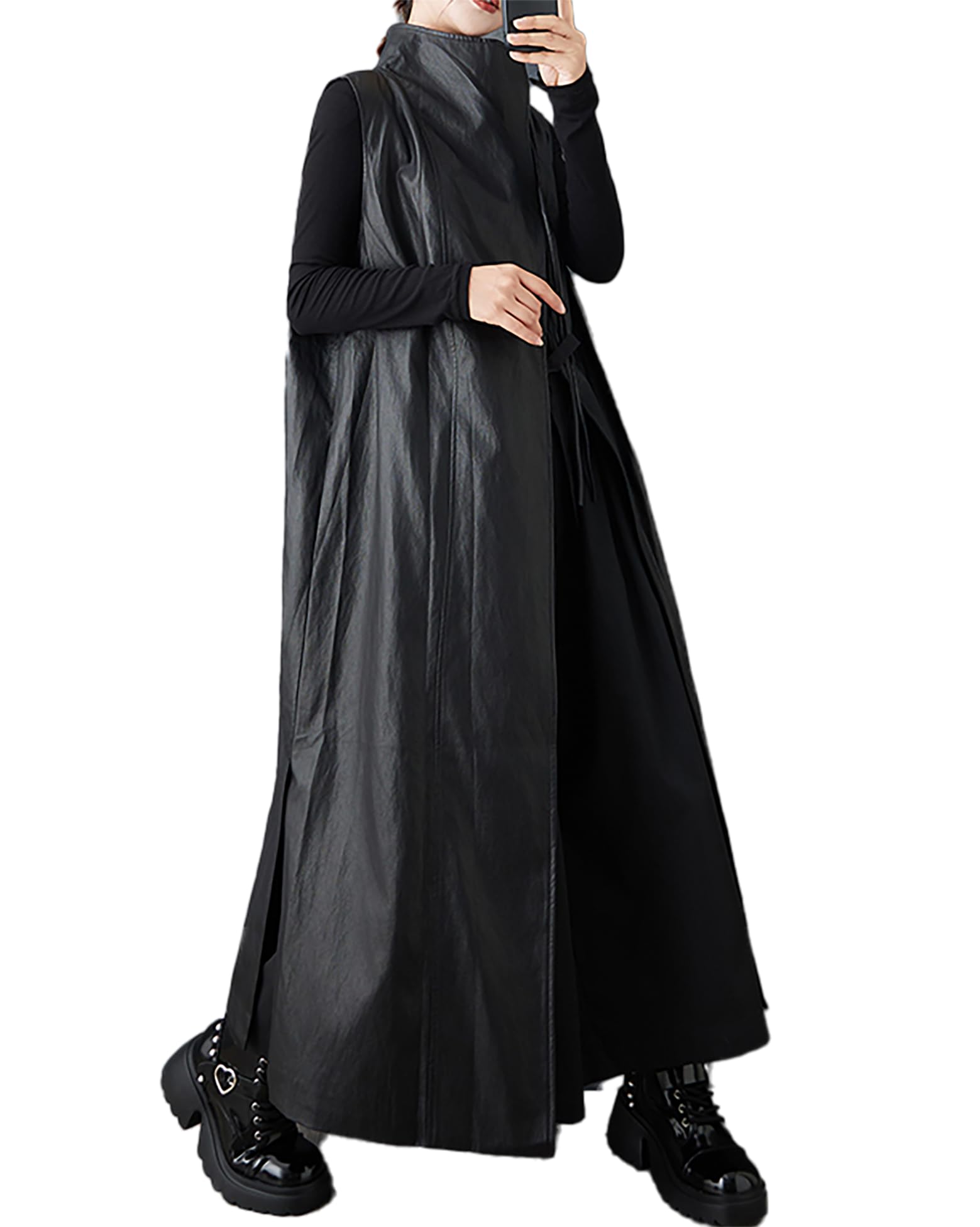 Women's Coats Vest Outerwear Mock Neck Sleeveless Side Pockets Oversized Maxi Hem GZ709 A-image-7
