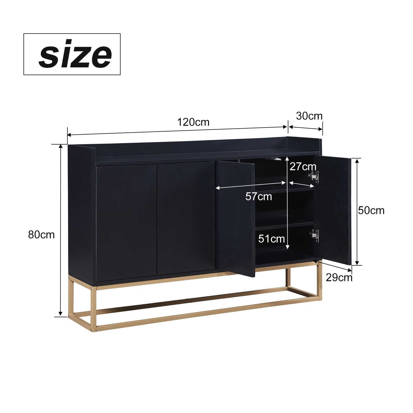Credenza 120 cm, madie moderne soggiorno con 4 ante, buffet mobile cucina con ripiano regolabile e gambe in metallo, per cucina, soggiorno, sala da pranzo, ingresso (nero, 120 x 30 x 80 cm)