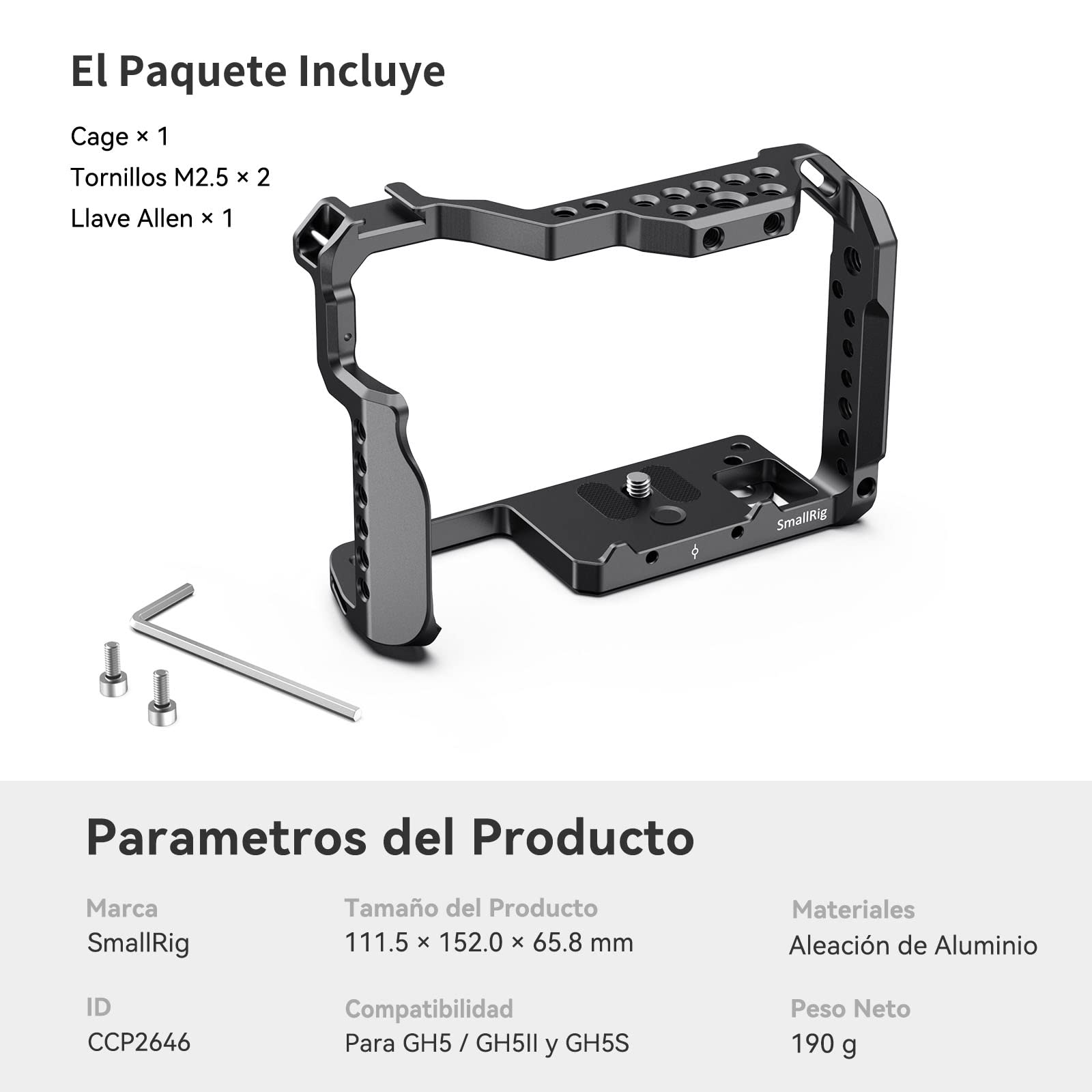 SMALLRIG (Nueva Versión) GH5 / GH5S Cage Jaula para Panasonic GH5 / GH5S con NATO Rail, Hecho de Aleación de Aluminio Solo 190g - CCP2646 | Roscas de 0.6 cm-50.8 y 1 cm-16 para ARRI