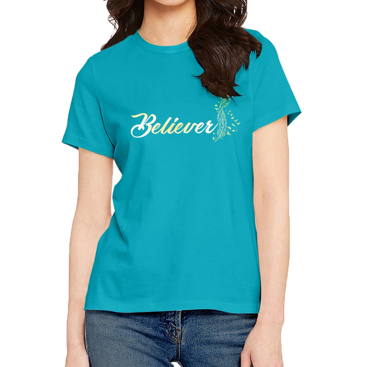Women's Regular Fit Believer Cotton Graphic Printed Round Neck Half Sleeves Multicolour T Shirt. Text, Trending, Pootlu, Stylish Tshirts-picture-35
