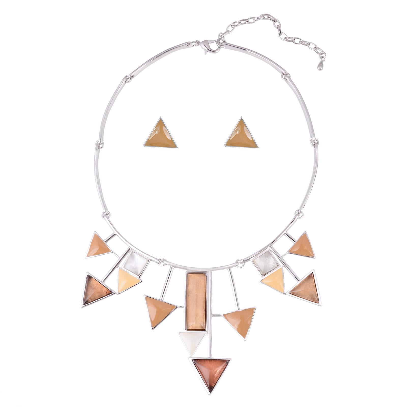 Geometric Triangle Bib Necklace & Earrings Set - Silver Statement Jewelry For Women