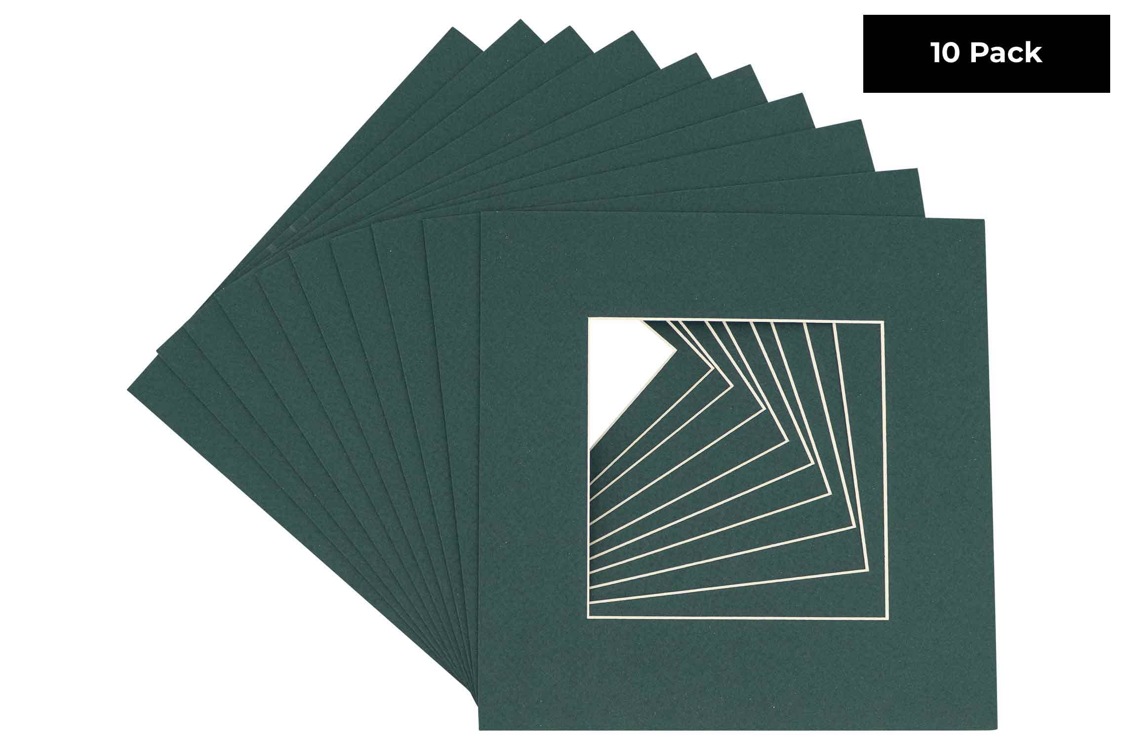 Forest Green Acid Free 10x10 Square Picture Frame Mat with White Core Bevel Cut for 6x6 Pictures - Fits 10x10 Frame - Pack of 10 Matboard Show Kits With Acid Free Backings & Clear Bags