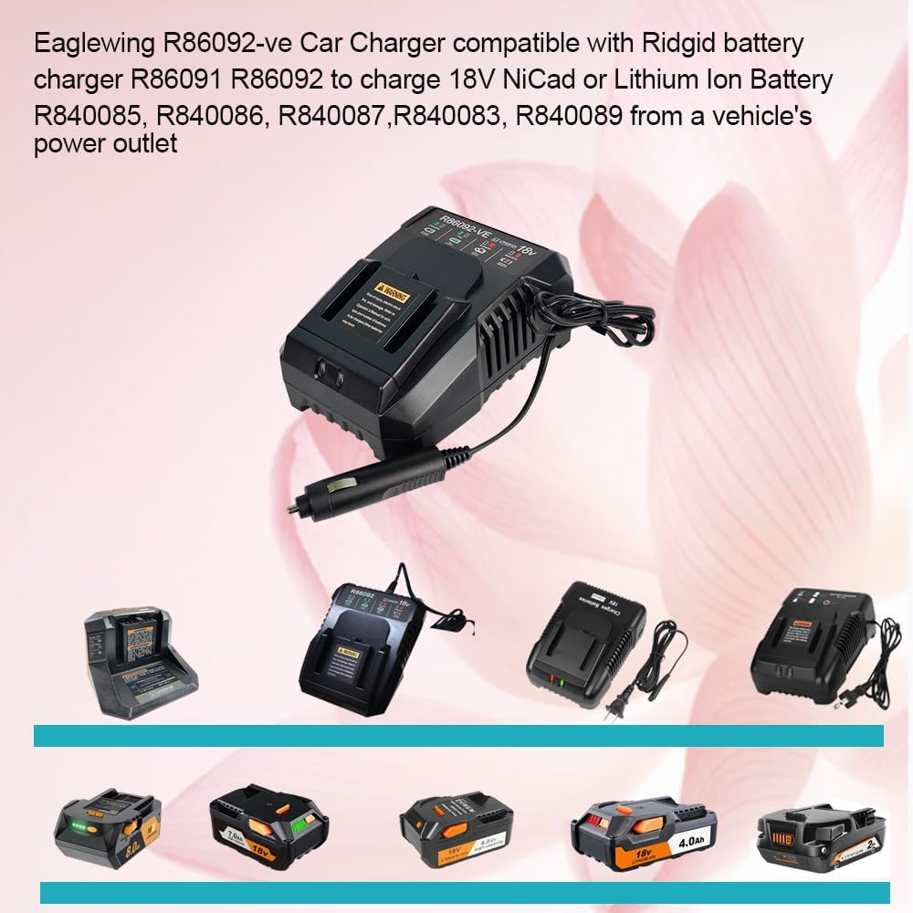R86092-VE 18V CAR Charger for for RIDGID Ridgid 18V NiCad or Lithium Ion Battery R840085, R840086, R840087,R840083, R840089 ...