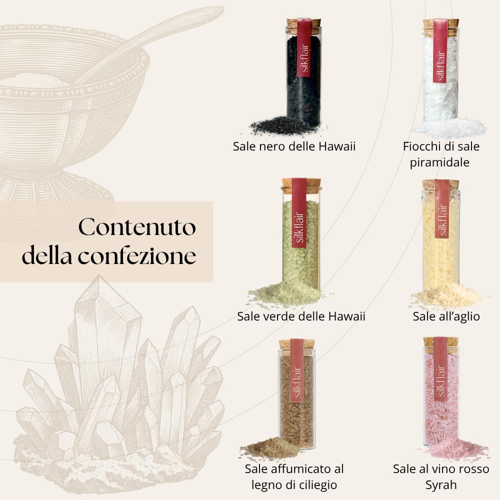Silkflair - Set regalo 6 sali pregiati "58,44, La bellezza del sale” | Special Edition gourmet con sali decorativi e aromatici (nero e verde Hawaii, piramidale, affumicato ciliegio, Syrah, aglio)
