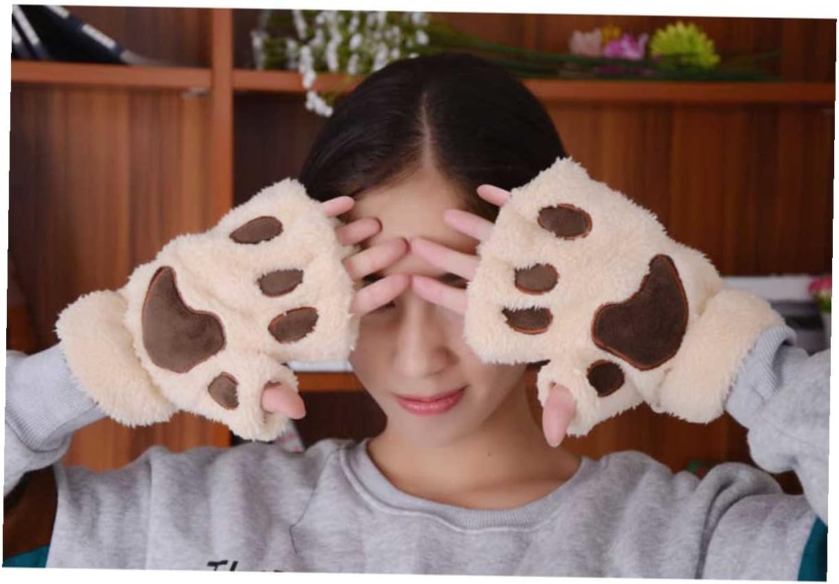Plush Fingerless Gloves for Warm Half-finger Mittens Wrist Rope Soft and Comfortable Design Beige