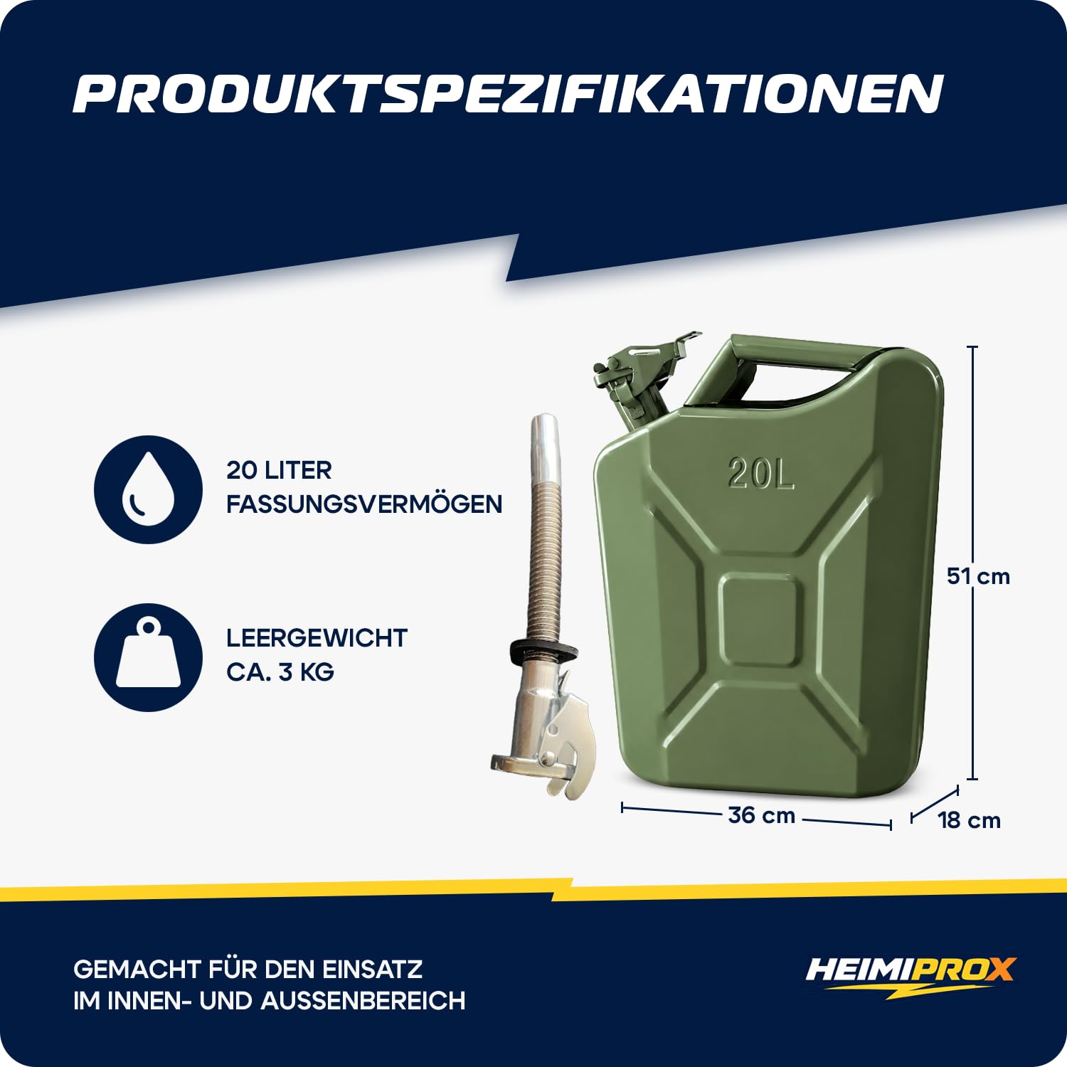 Benzinkanister 20l aus Stahl, inkl. Safety Pin - robuster Kraftstoffkanister 20l, Reservekanister für Treibstoff, Benzin, Diesel - 47x37x17cm & 3kg (Benzinkanister 20l mit Ausgießer)