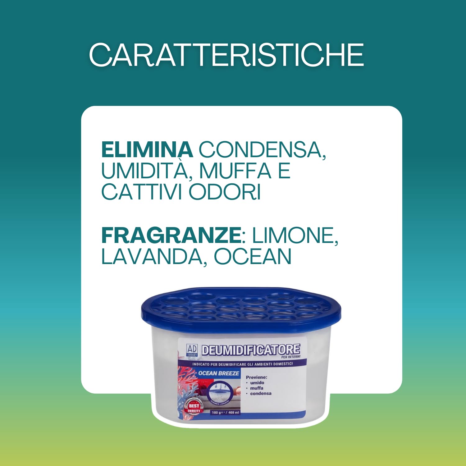 Virsus 12 Deumidificatori assorbiumidità con cristalli idrofili da 400ml, 14x7x8 cm, elimina condensa, umidità, muffa cattivi odori, Fragranze: Limone, Lavanda, Ocean -9704F