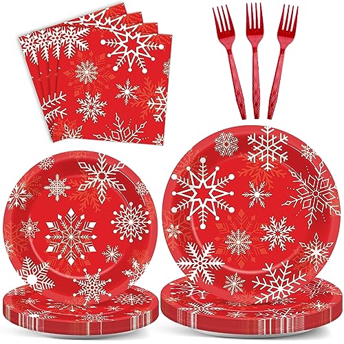 Image of ZOIIWA 200 PCS Christmas Theme Party Tableware Disposable Merry Christmas Party Supplies Dinnerware Set Xmas napkins Snowflakes Paper Plates Bulk Christmas Dinnerware Party Decoration Serve 50 guest