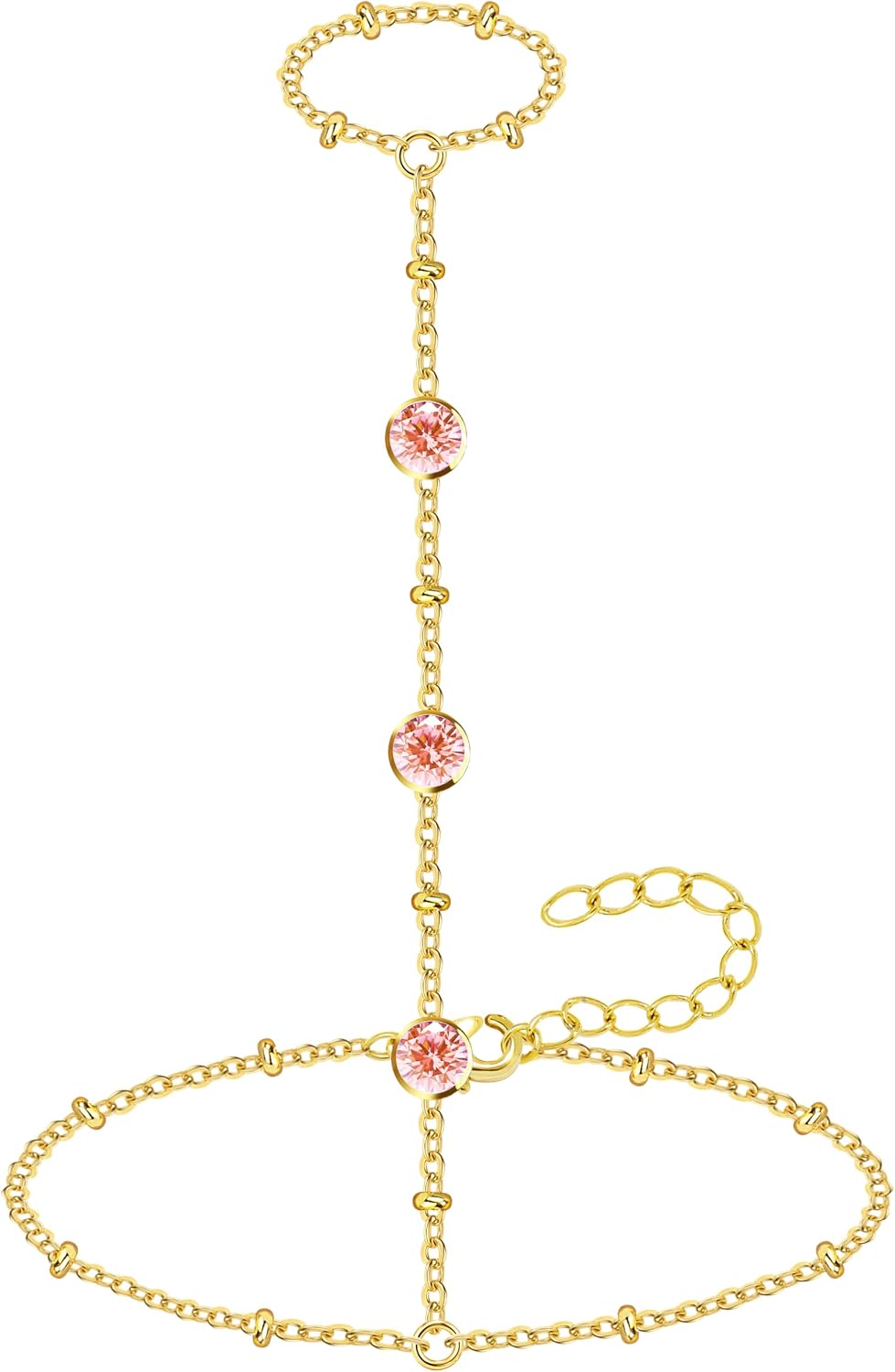 Spring Pink Hand Chain Bracelets for Women, Dainty Gold Ring Bracelet with Created Pink/Red/Blue/Navy Daimond, Womens Spring Jewelry Outfits for Party, Wedding