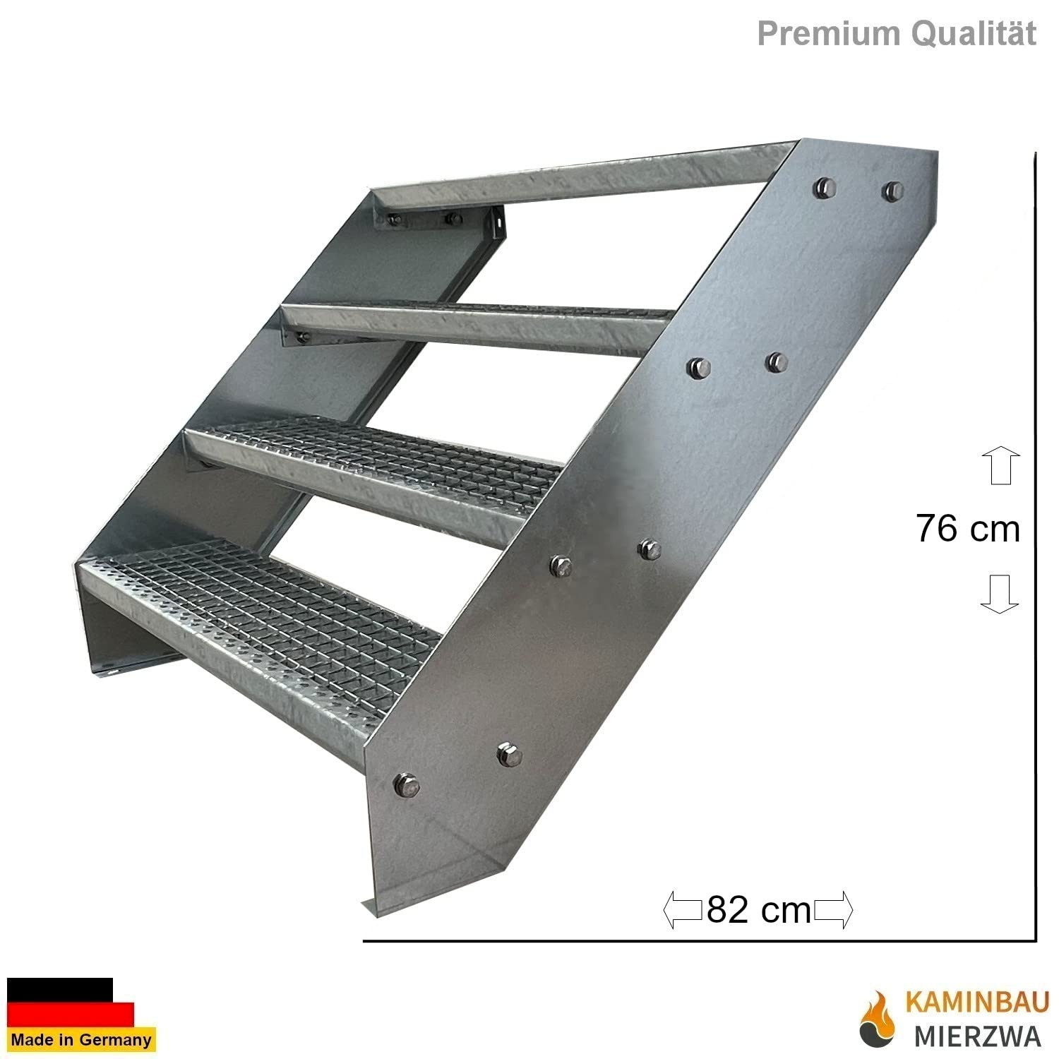Premium Caillebotis acier Escalier à limon 4 Marches Entièrement galvanisé - Dimensions (L x l x H) 82cm x 60cm x 76cm Résistant aux intempéries et protégé contre la corrosion
