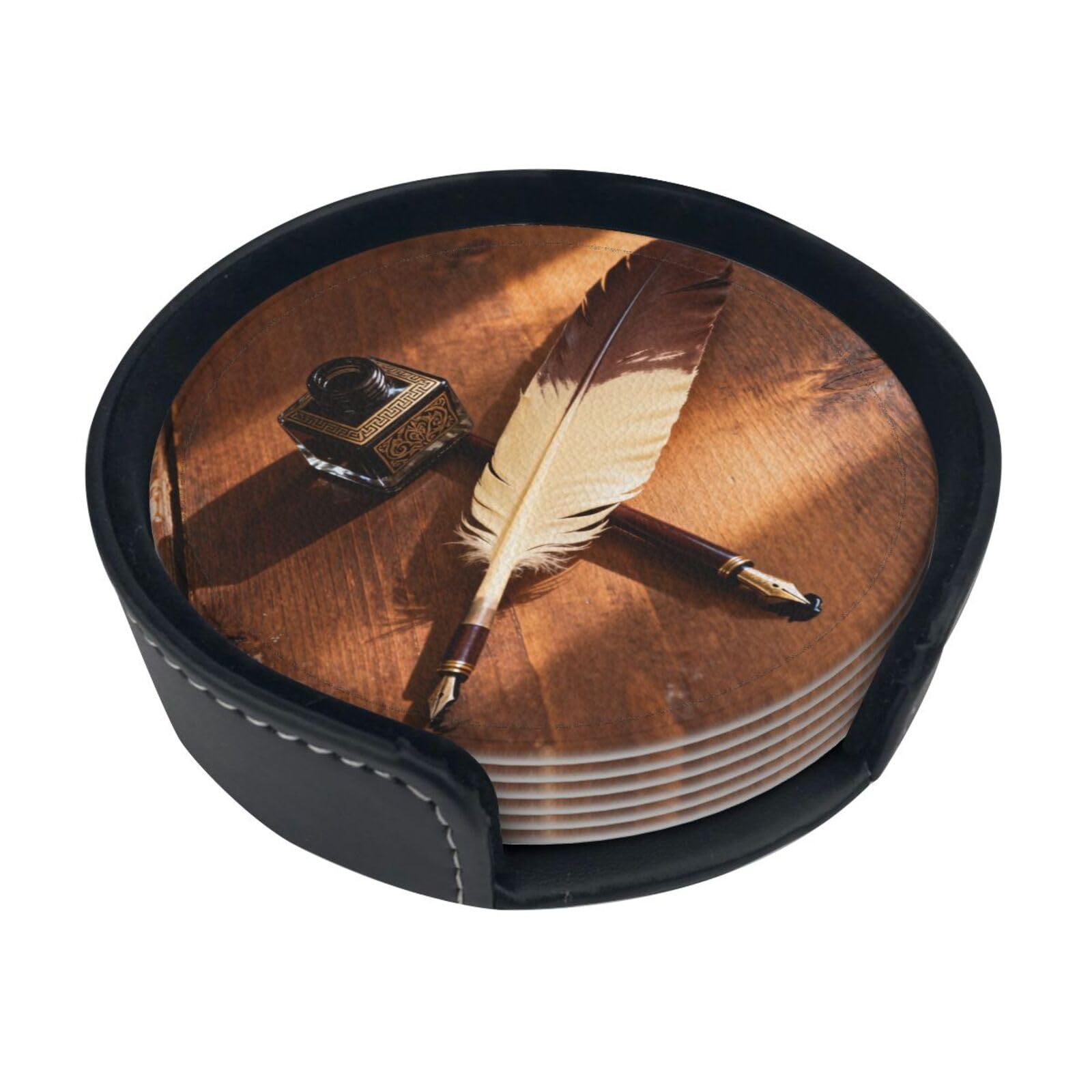 Feather Ink Bottle Leather Coasters-Set of 6 with Storage Holder