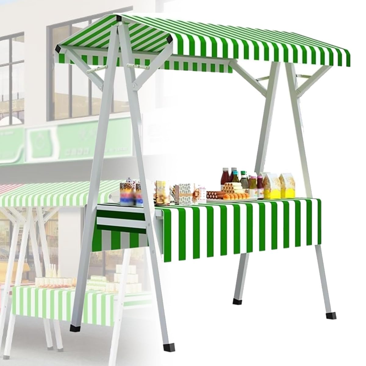 GLETSF Portable Dining Cart with Sunshade Canopy, Foldable Market Stall Kiosk, Outdoor Vendor Cart for Food Display at Markets & Street Events,Green-130x200cm