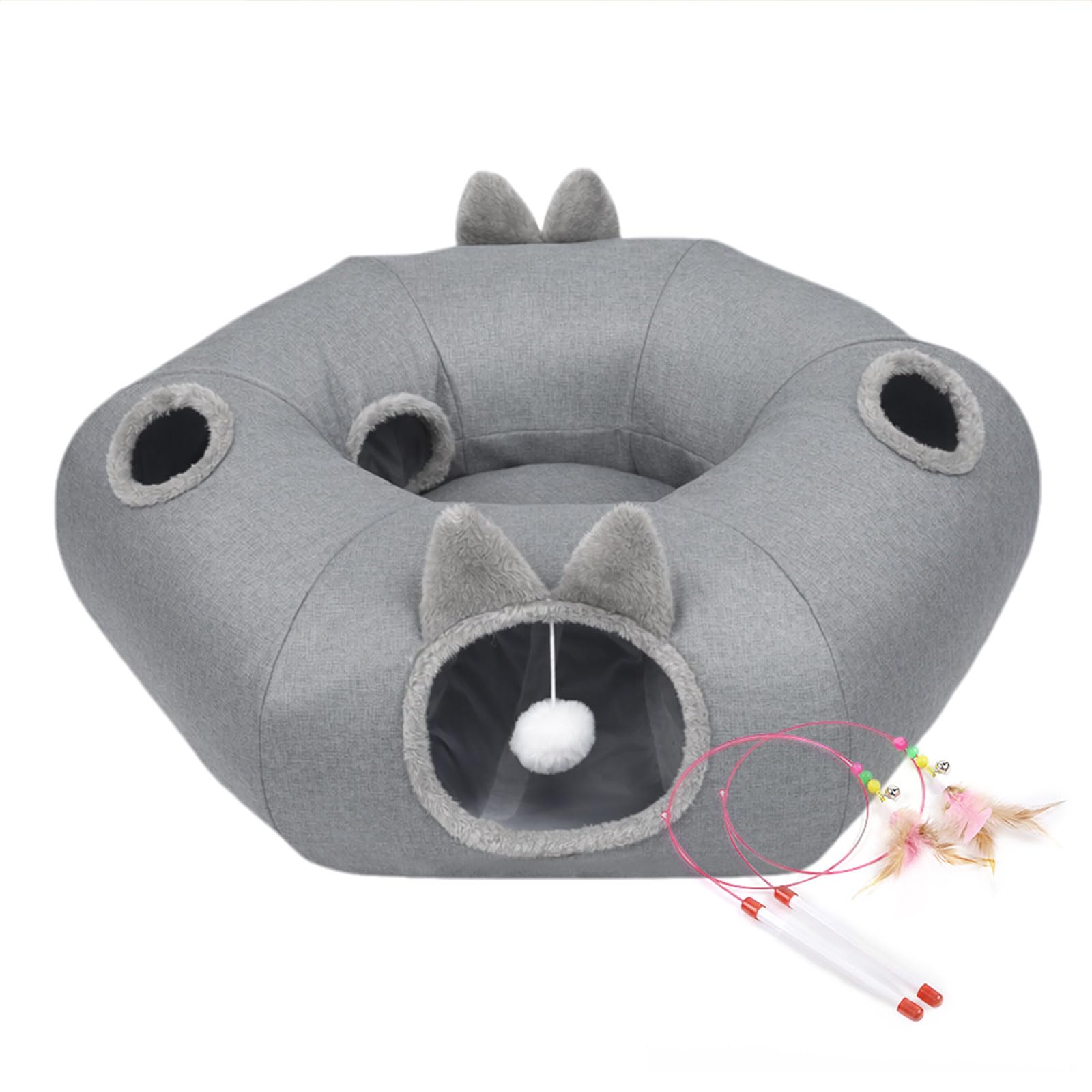 Skylos Cat Tunnel with Bed, Large 85x80cm Play & Rest Centre, 3 Shape DIY Cat Tunnel Toys Set with Donut Bed & 2 Teaser Wands for Indoor Cats Kittens, Grey