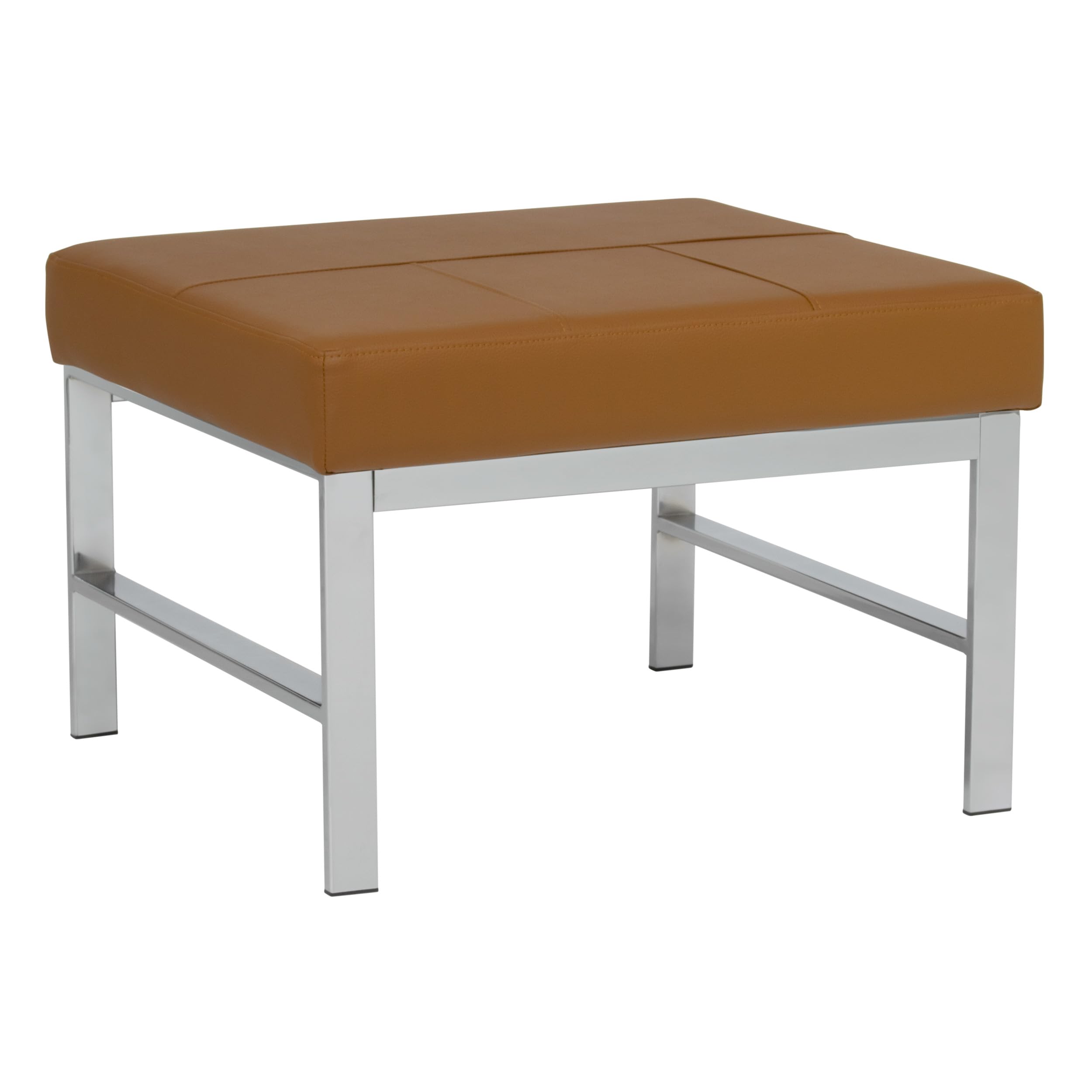 Atlas Mid Century Modern Square Ottoman Blended Leather, Chrome/Caramel