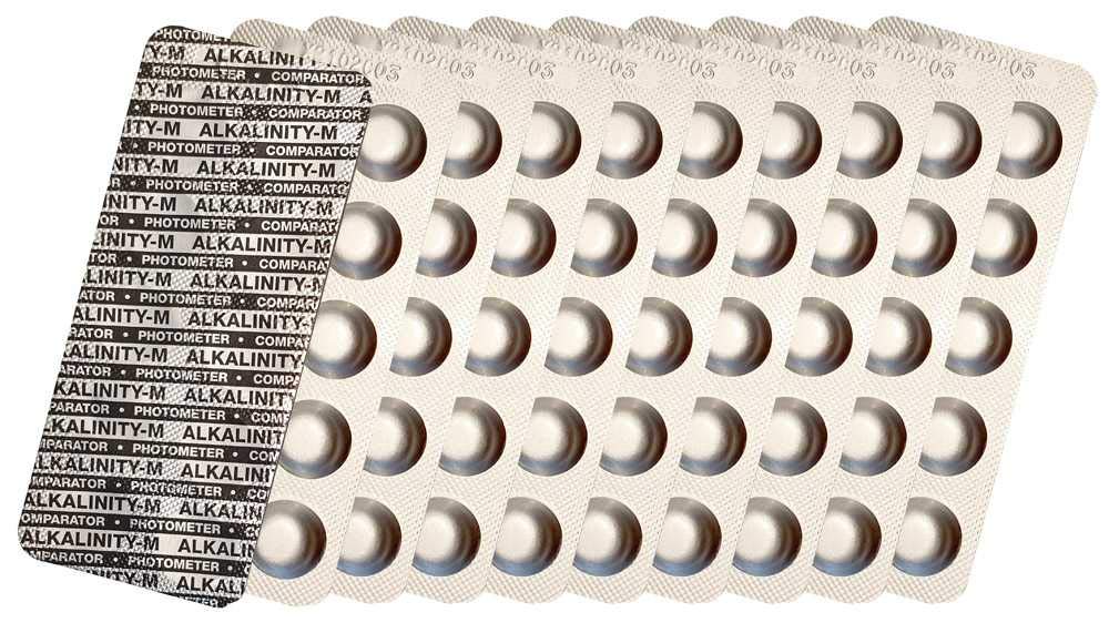 Photometer Testtabletten Chlor DPD1, DPD3, Aktivsauerstoff DPD4, pH-Wert Phenol Red, Alkalinity M, CYA, Poollab Wassertester 50x 100x 250x 500x (Alkalinity M / 100x)