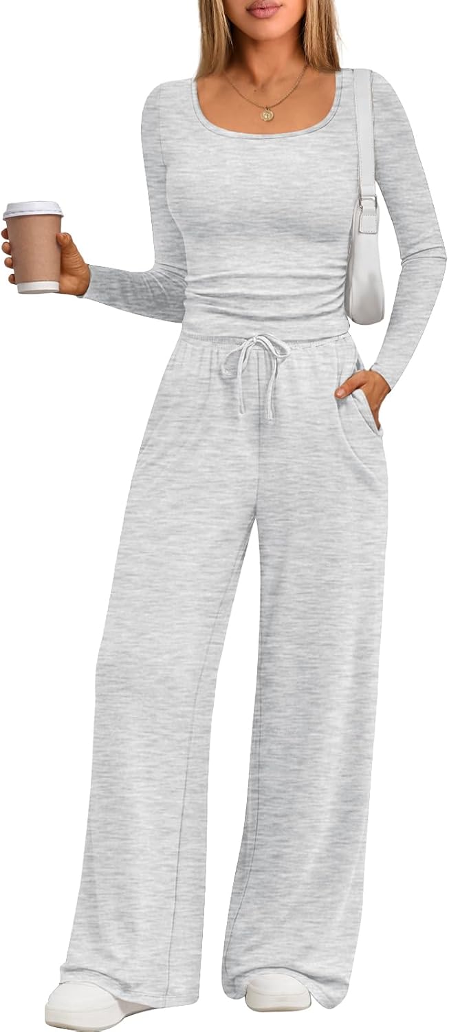 Trendy Queen 2 Piece Scoop Neck Lounge Set Womens Wide Leg Pants Side Ruching Slightly Crop Top Sweatsuit Sets With Pockets Oatmeal Grey Small